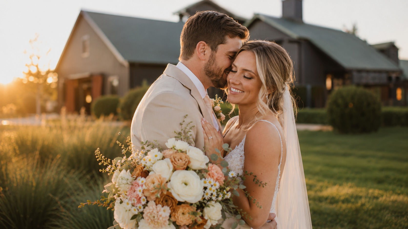 Bride and groom embracing in front of The Show Barn at golden hour